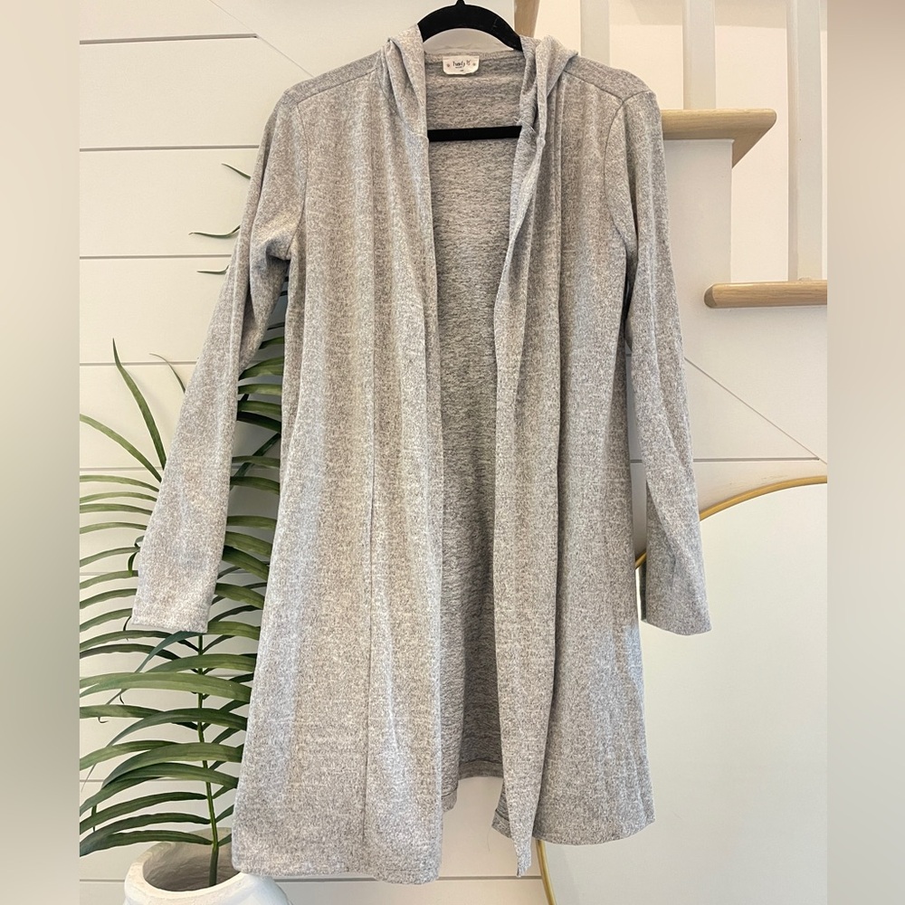 NEW, Women’s -Long sleeve, gray cardigan sweater with hood, Size Large